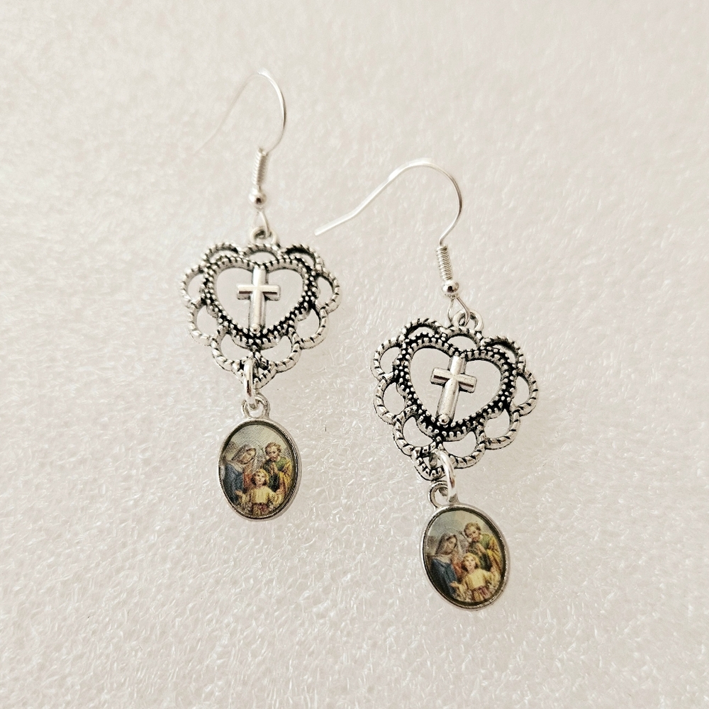 Sacred Holy Family Cross in Heart Religious Earrings, Christian Catholic Jewelry - Picture 4 of 4